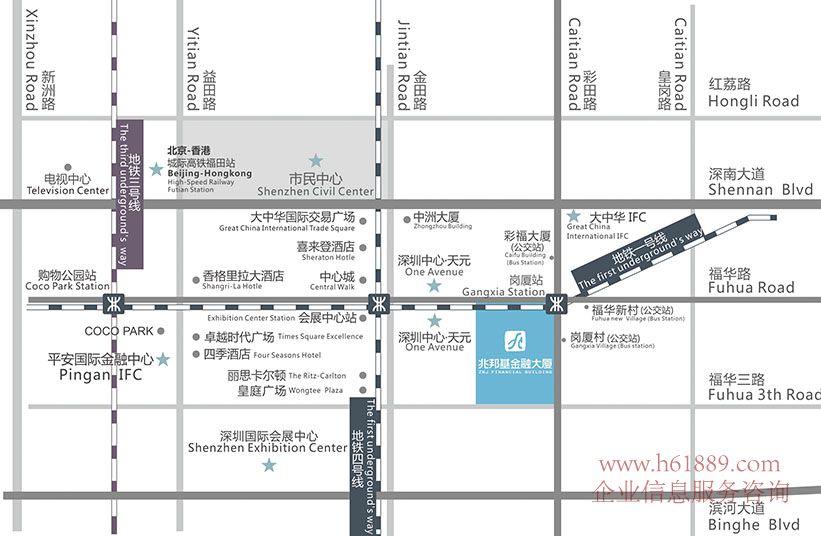 兆邦基金融大廈 交通位置圖片 地鐵10號線【坂田線】地鐵1號線【羅寶線】崗廈地鐵站C出入口